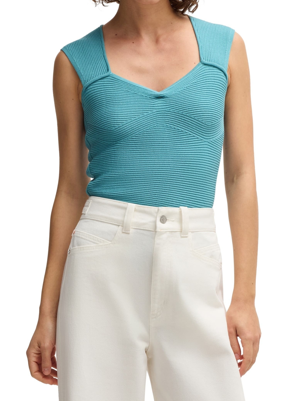 NWT BOSS Fobertino Teal Blue Rib Sleeveless Knit Top Women's Size Medium